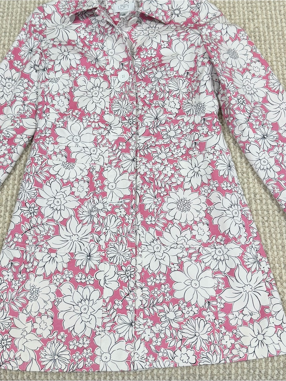 Ann Taylor Loft Trench Jacket Womens Size OP Pink Black White Floral Long Coat